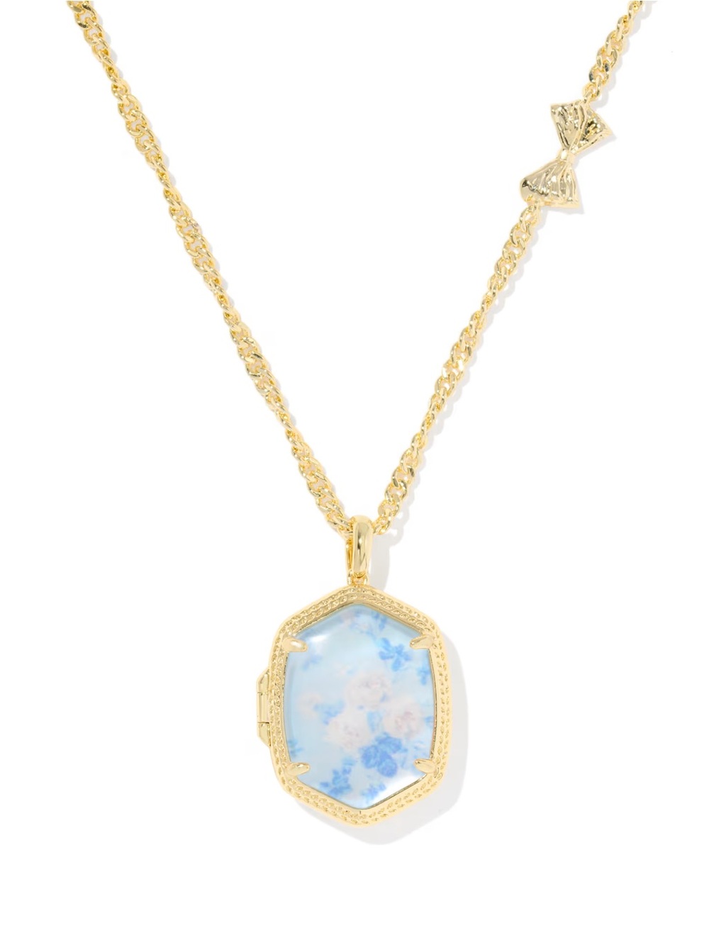Gold Locket Necklace with Blue Floral Insert